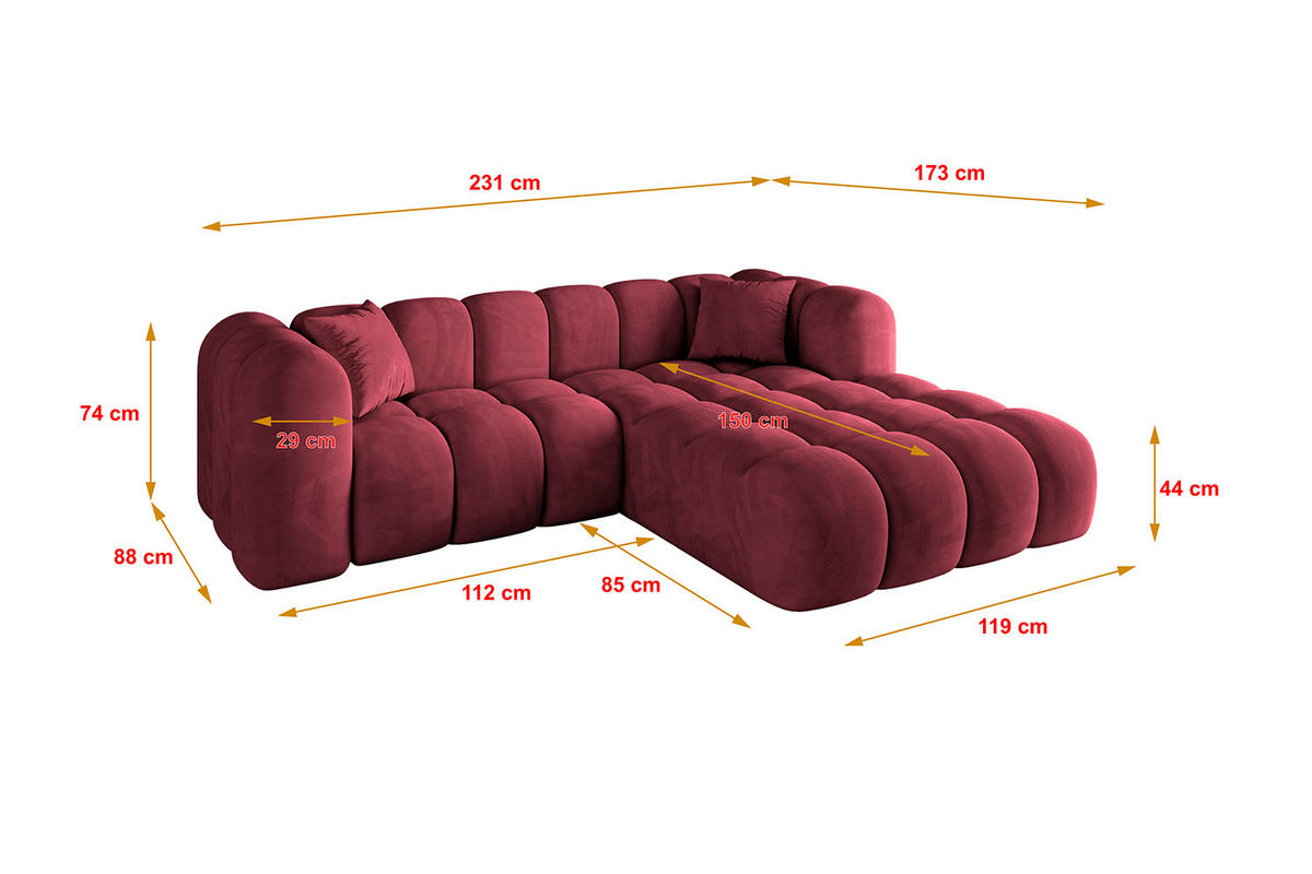 ECKSOFA Ottomane Rechts OLEA-L1 - 231x173x74 cm Bordeaux - Bordeaux/Schwarz, Holzwerkstoff/Kunststoff (231/173cm) - ALTDECOR