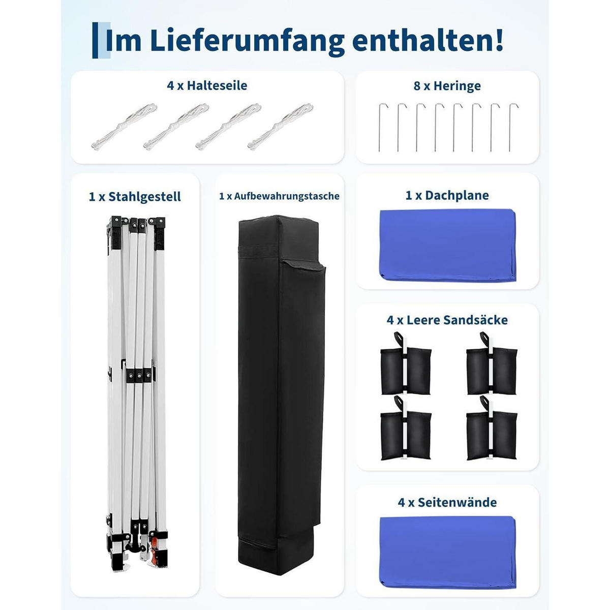 FALTPAVILLON 3 x 3 m wasserdicht mit 4 Seitenwänden Blau - Blau, Textil (300/260/300cm)