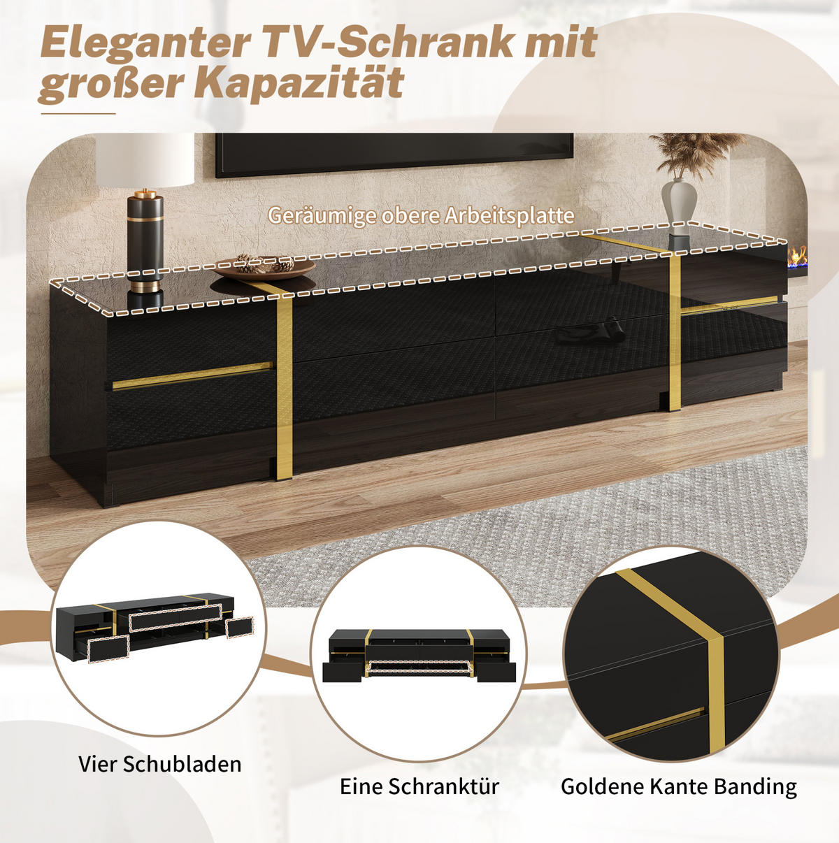 TV-SCHRANK 180/40/38 cm schwarz aus MDF mit 4 Schubladen - Schwarz, Holzwerkstoff (180/38/40cm) - OKWISH