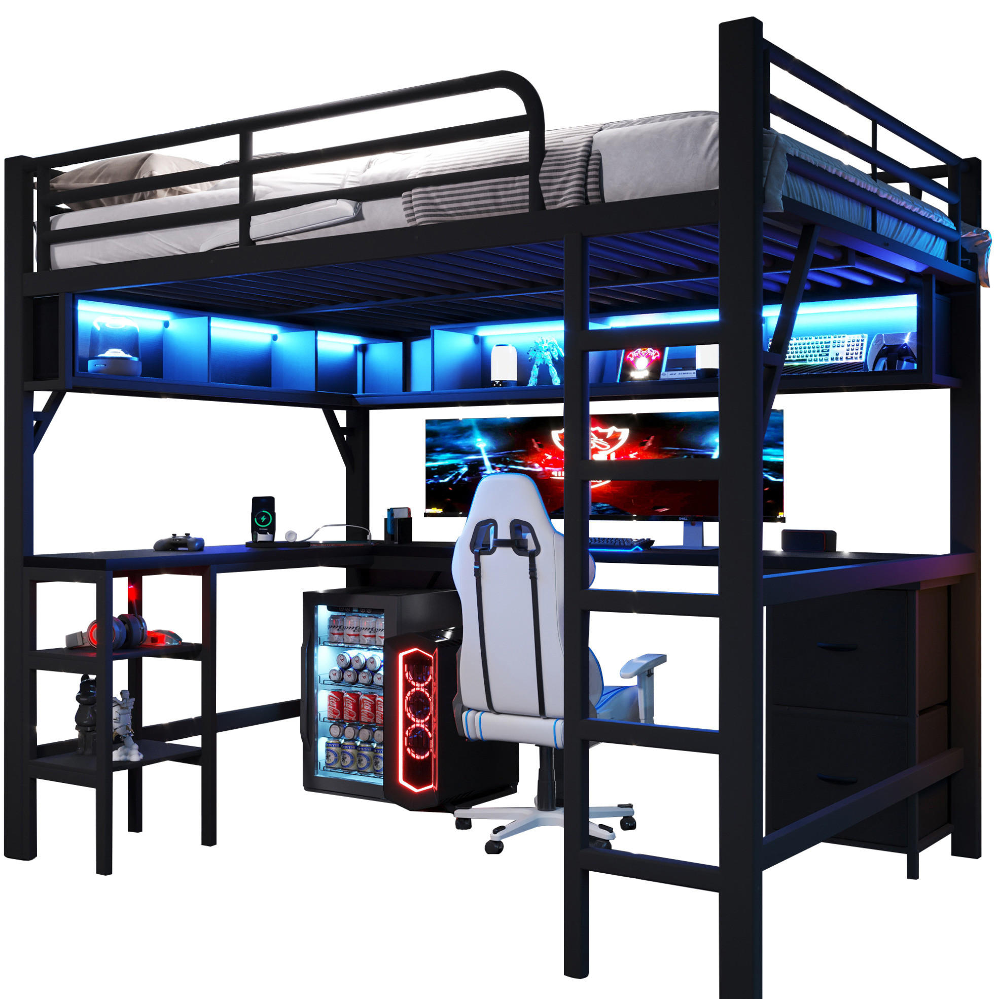 HOCHBETT 140/200 cm aus Metall und MDF mit Schreibtisch USB und LED-Beleuchtung Schwarz - Schwarz, Holzwerkstoff (140/200cm) - Modenvie