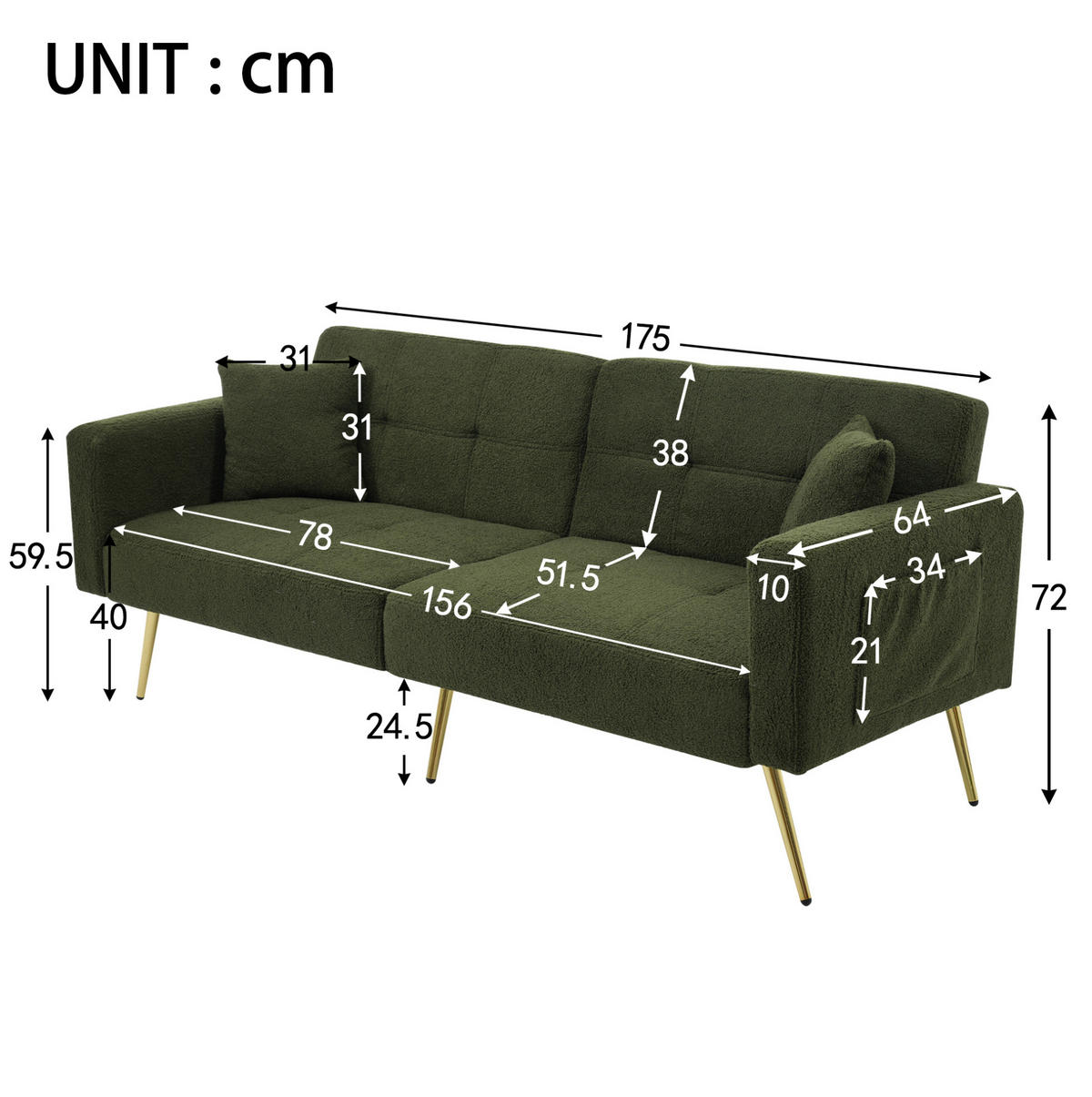 SCHLAFSOFA mit Bettfunktion 175 x 64 x 72 cm Antique Green - Grün, Kunststoff (175/72/65cm) - Meubliv