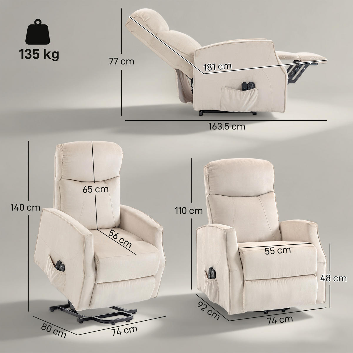 AUFSTEHSESSEL,ELEKTRISCH Massagefunktion,beige - Beige, Textil (74/110/92cm) - Vallsero