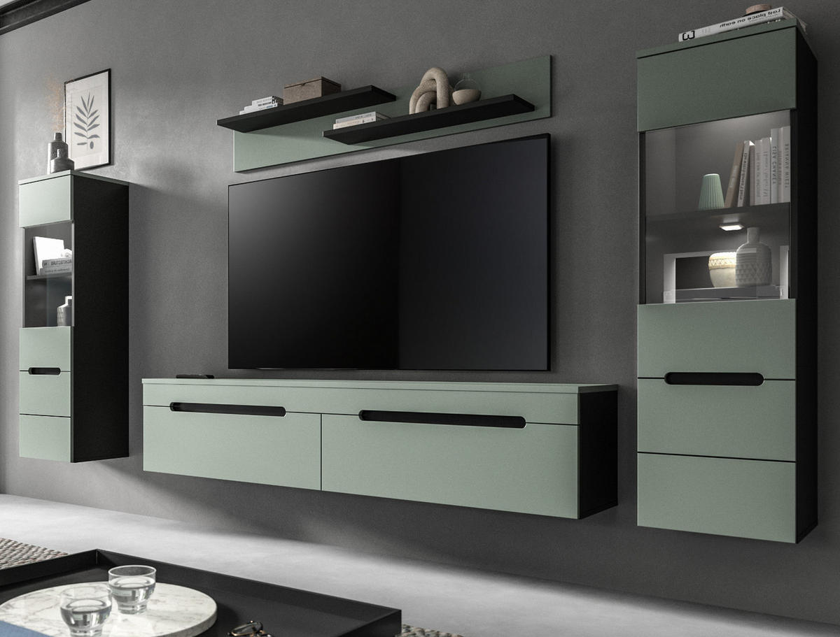 WOHNWAND Salbei grün, grau, Set 4-teilig 270 cm hängend oder stehend, Soft-Close - Salbeigrün/Schwarz, Glas/Holzwerkstoff (272/141/33cm) - Inn.Furn