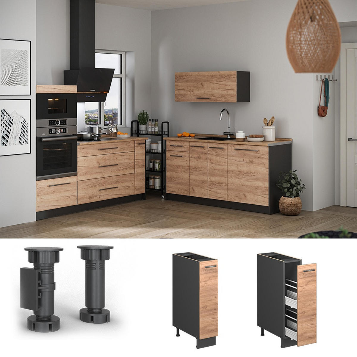 APOTHEKERSCHRANK Fame-Line, Goldkraft Eiche/Anthrazit, 20 cm, AP Marmor - Honigeiche/Anthrazit, Holzwerkstoff (20/82/60cm) - Vicco