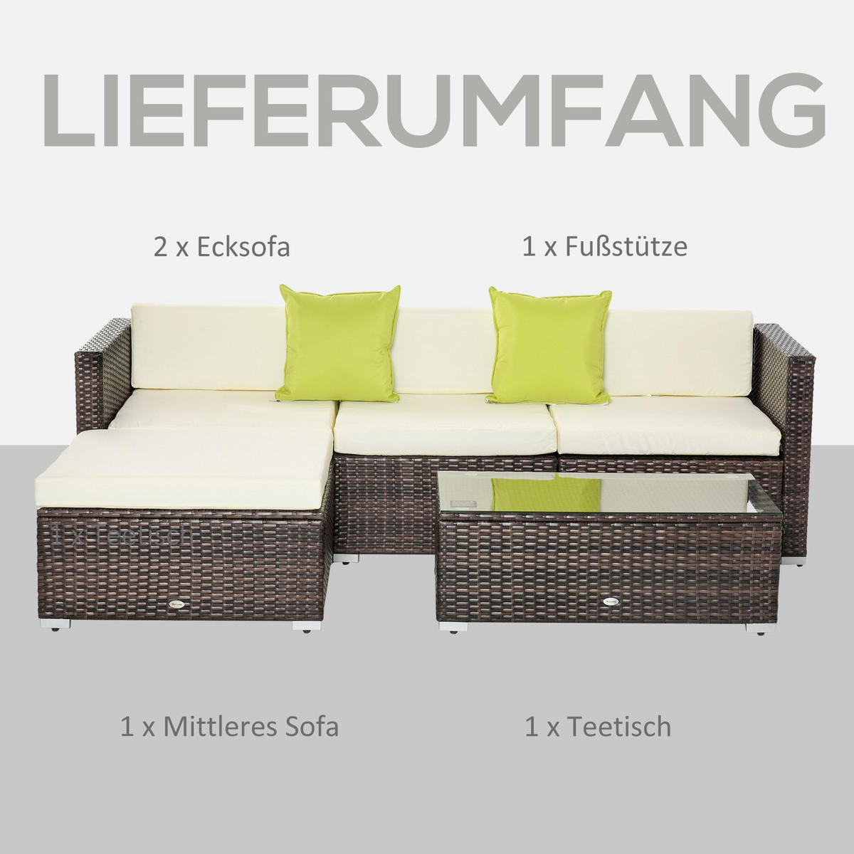 GARTENMÖBEL-SET mit Beistelltisch Kissen Braun - Braun, Kunststoff - Outsunny