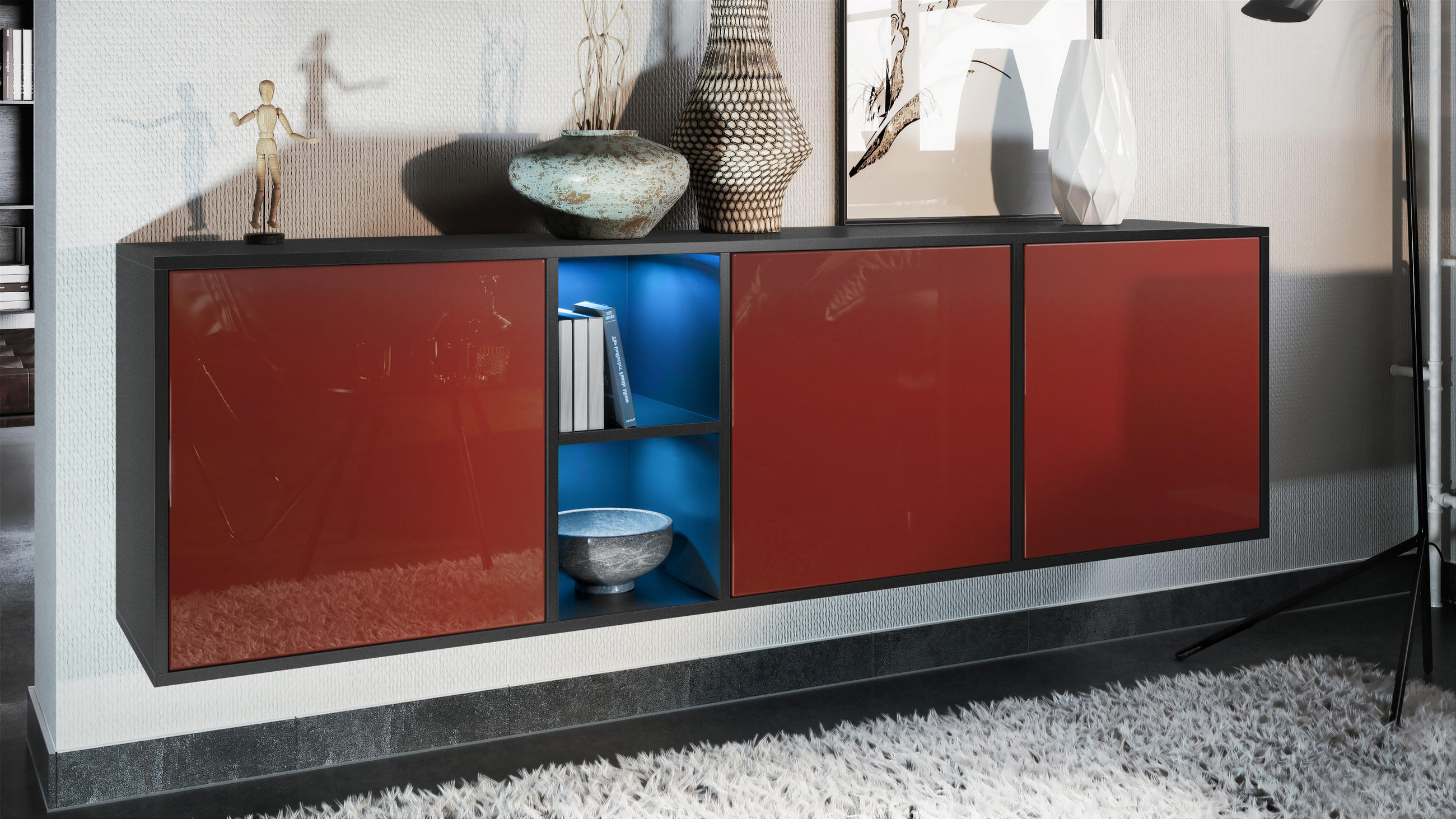 SIDEBOARD Cuba Türen in Bordeaux Hochglanz - Bordeaux, Holzwerkstoff (182/53/35cm) - Vladon