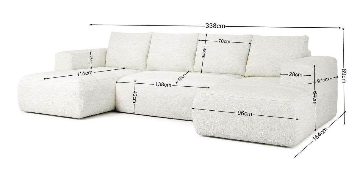 ECKSOFA LAMBI U, Wohnlandschaft U Form mit +3 Sitzen, Dunkel Creme - Lambi 08 - Ecru, Textil (340/89/114cm) - Moderno Meble