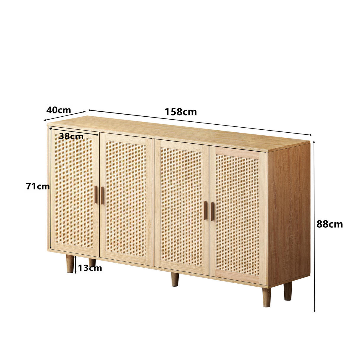 SIDEBOARD 158/40/88 cm aus Spanplatte mit 4 Rattantüren und verstellbarem Einlegeboden, Natur - Naturfarben, Holzwerkstoff (158/88/40cm) - Redom