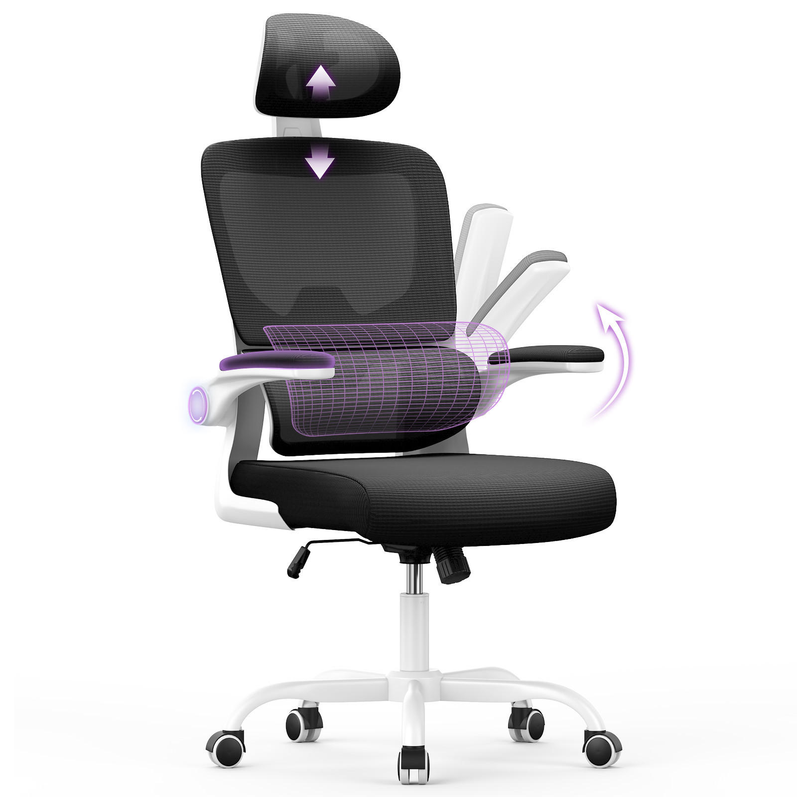 BÜROSTUHL Schwarz-Weiß ergonomisch mit klappbaren Armlehnen - Weiß, Metall (25/52.5/65cm) - Rattrix