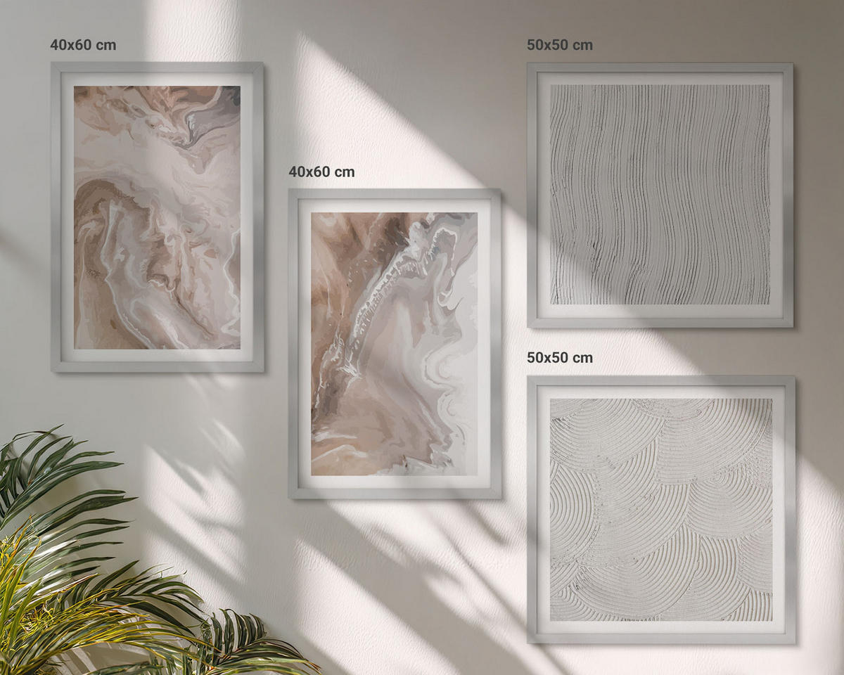 BILDER SET 4er Set - 50x50 cm & 40x60 cm Silberner Rahmen - Abstrakte Marmormuster aus Stein - Silberfarben, Kunststoff (50/50cm) - TULUP