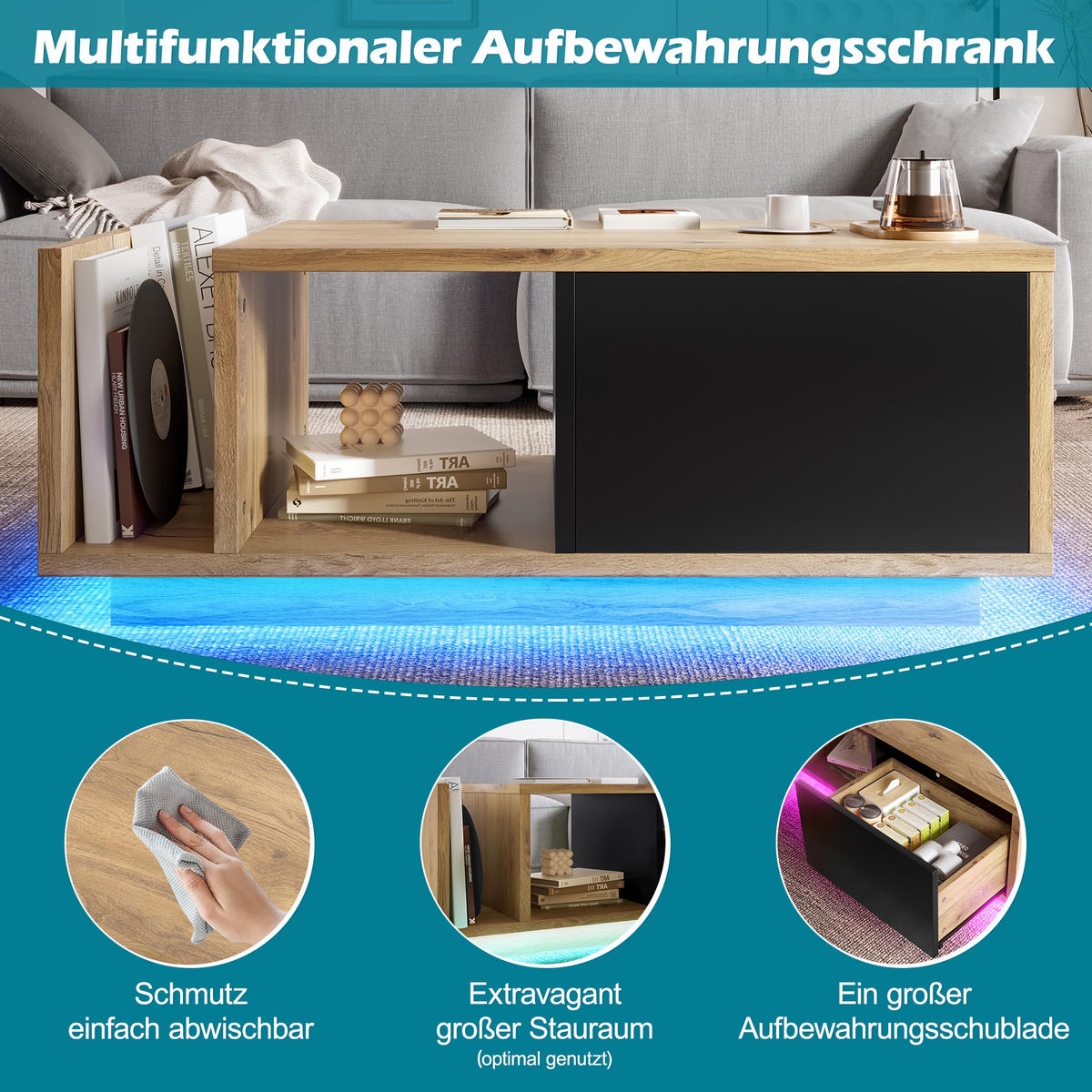 COUCHTISCH Naturfarben mit LED und Stauraum 99.5/53/38 cm - Naturfarben, Holzwerkstoff (53/99.5/38cm) - PANGIVO