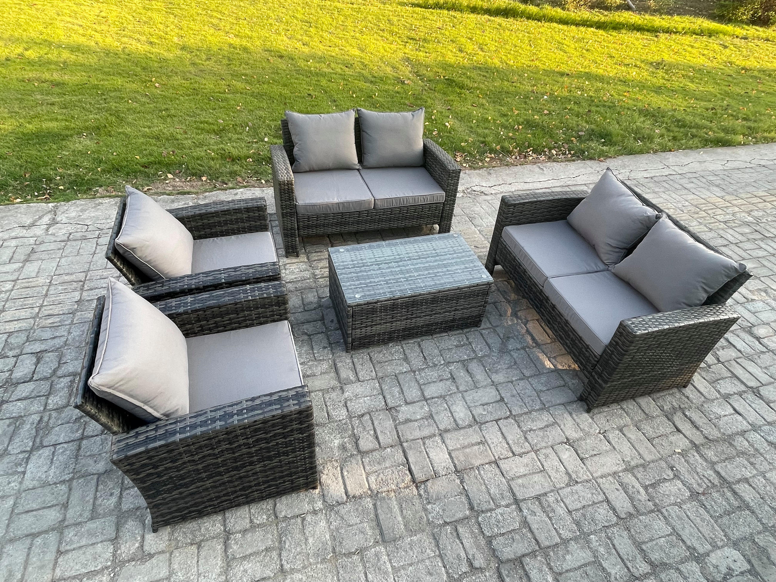 GARTENSOFA SET mit Couchtisch Polyrattan Dunkelgrau 6-Sitzer - Dunkelgrau, Metall - Fimous