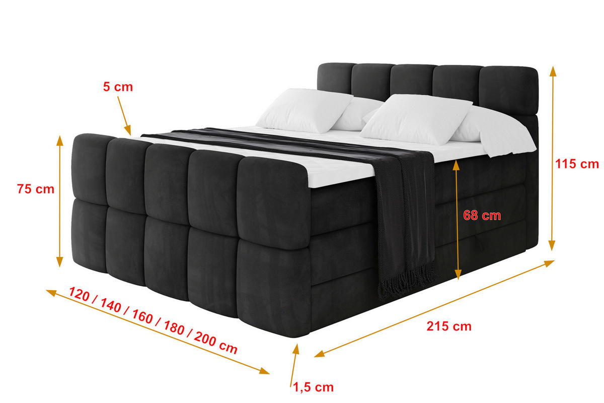 BOXBETT mit Matratze H3/H4 - FAMA-Z KING - 120x200 cm Schwarz Casablanca - Schwarz, Holzwerkstoff (120/200cm) - ALTDECOR