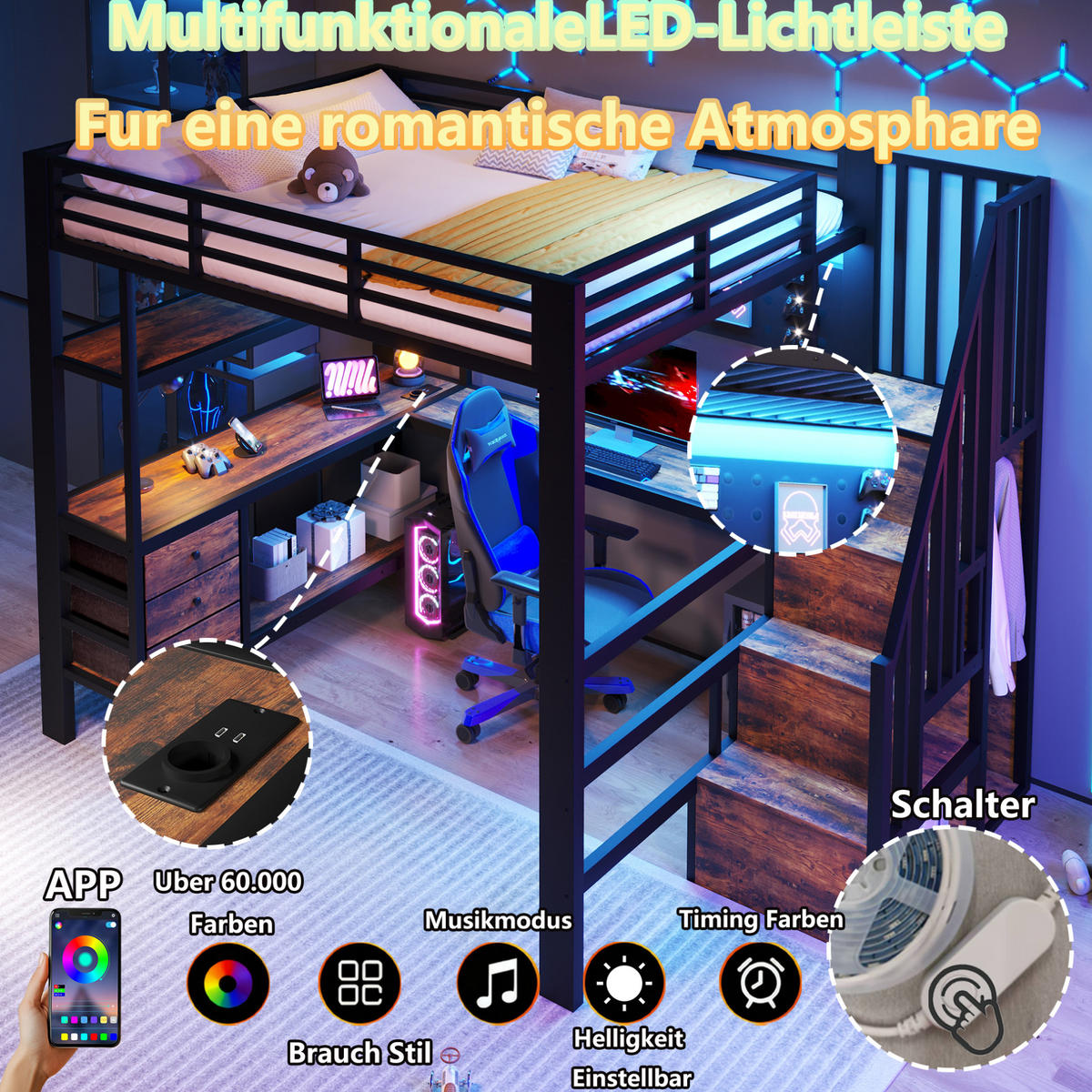 HOCHBETT 140/200 cm, Schwarz mit Ablagefläche, Schubladen, LED - Schwarz, Metall (140/200cm) - MIVRAY