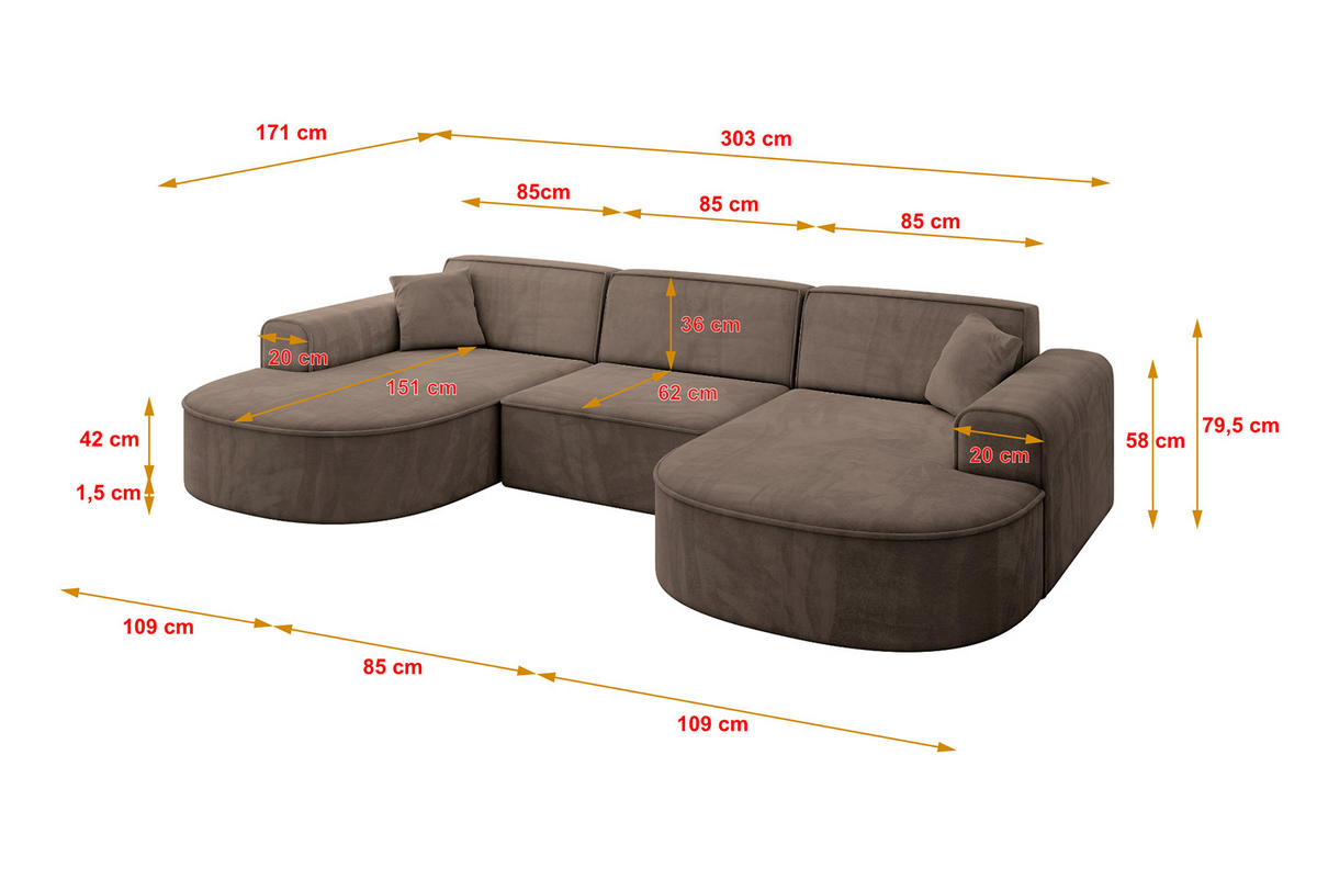 WOHNLANDSCHAFT MARI-U1 - 303x171x79 cm Braun Velours - Schwarz/Braun, Holzwerkstoff/Kunststoff (303/79/171cm) - ALTDECOR