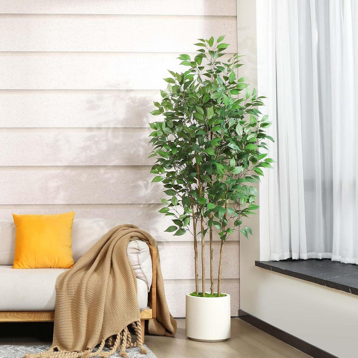 KÜNSTLICHE Pflanze Ficus 180 cm im weißen Topf - Grün, Kunststoff (182.9cm)
