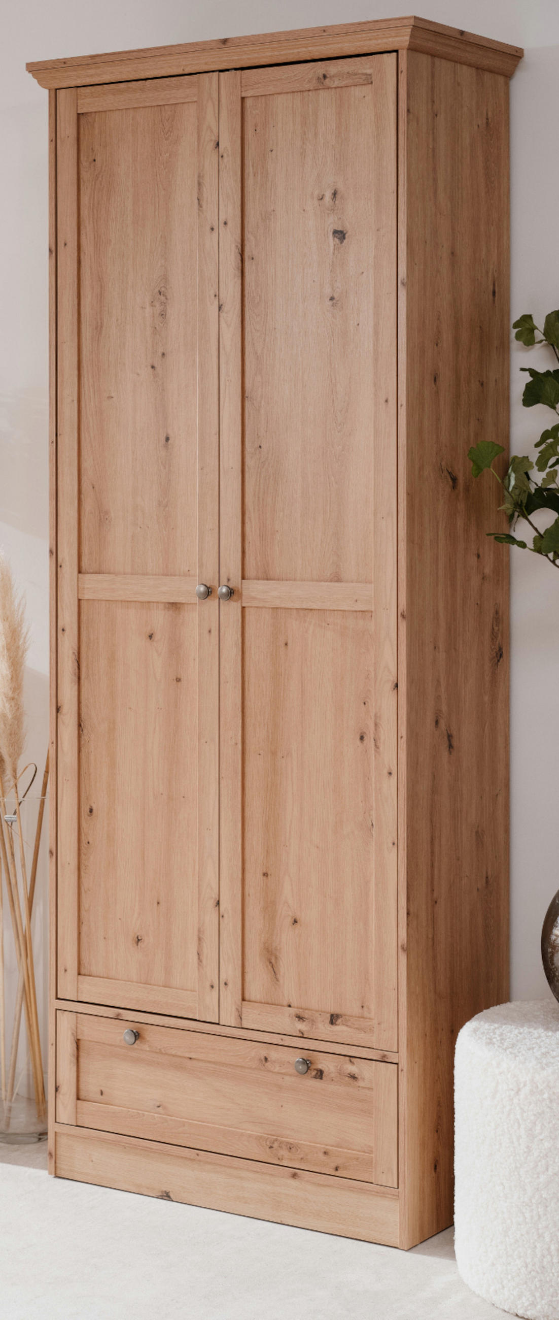 MEHRZWECKSCHRANK Eiche Artisan 80 cm Landhaus, Schrank mit viel Stauraum - Eichefarben/Silberfarben, Holzwerkstoff/Metall (80/200/39cm) - Furn.Design