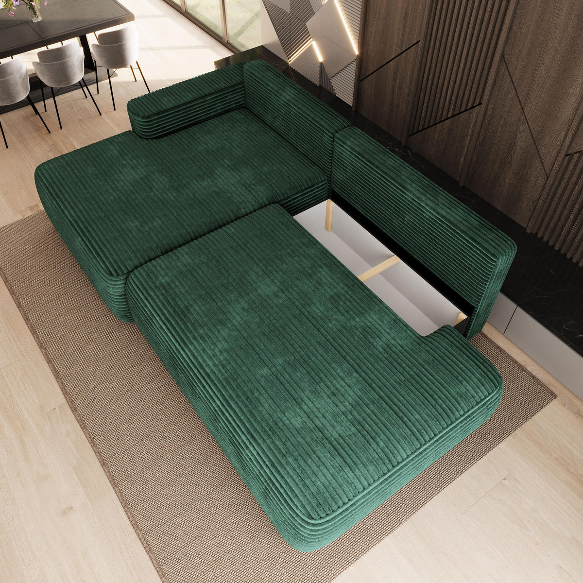 ECKSOFA AVINI T L-S Grün Kordstoff mit Schlaffunktion - Grün, Holzwerkstoff/Textil (277/160cm) - MASSENO