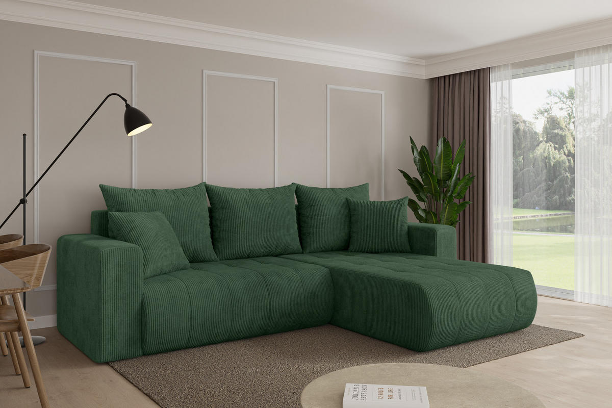 ROHOVÁ SEDAČKA s funkcí spaní, otoman vpravo MILA-L 277x194x86 zelená manšestr - černá/tmavě zelená, kompozitní dřevo/textil (277/194cm) - ALTDECOR