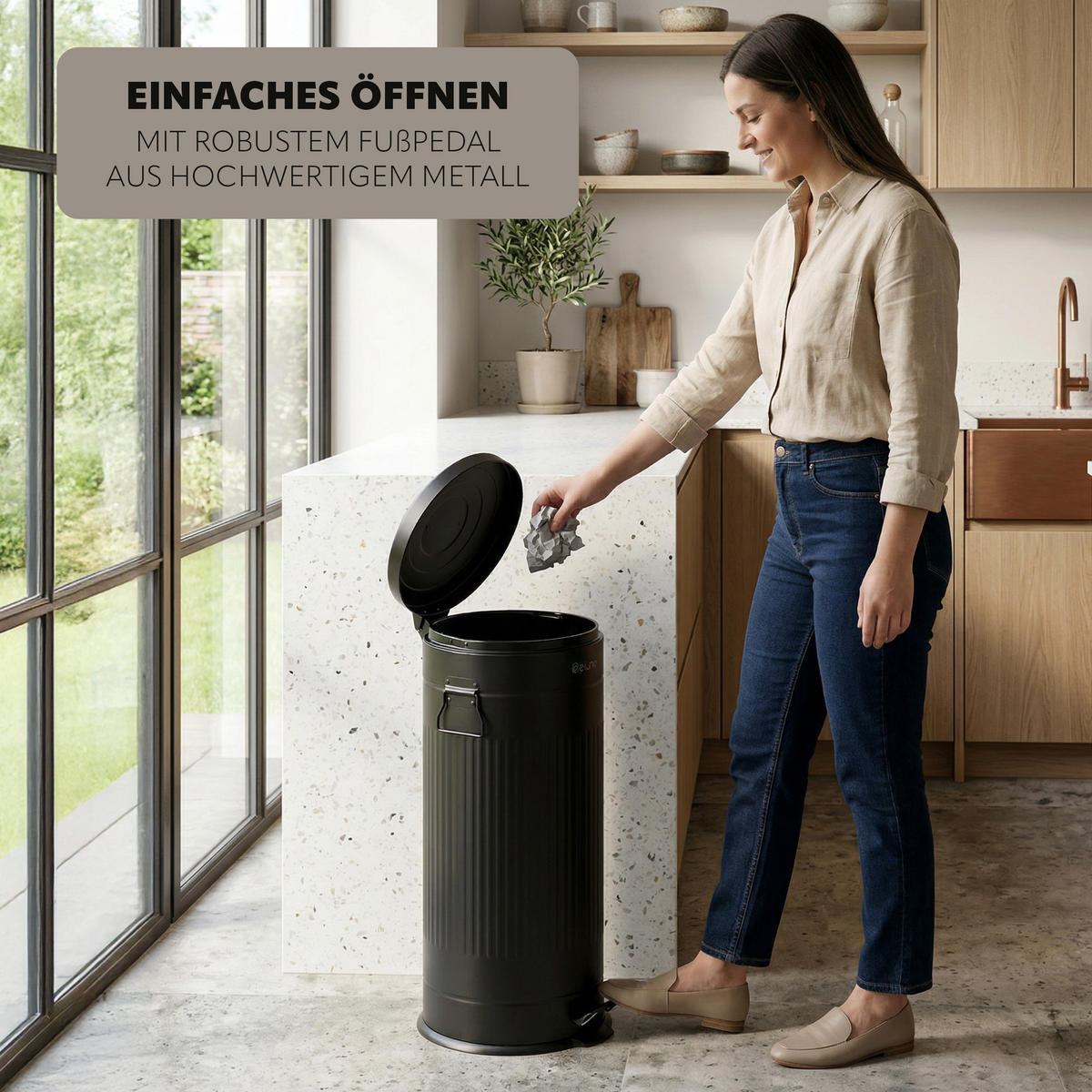 ABFALLEIMER Treteimer VINTAGE, 30 Liter, aus Metall, schwarz - Schwarz, Metall (30.5/68.5/36cm) - eluno