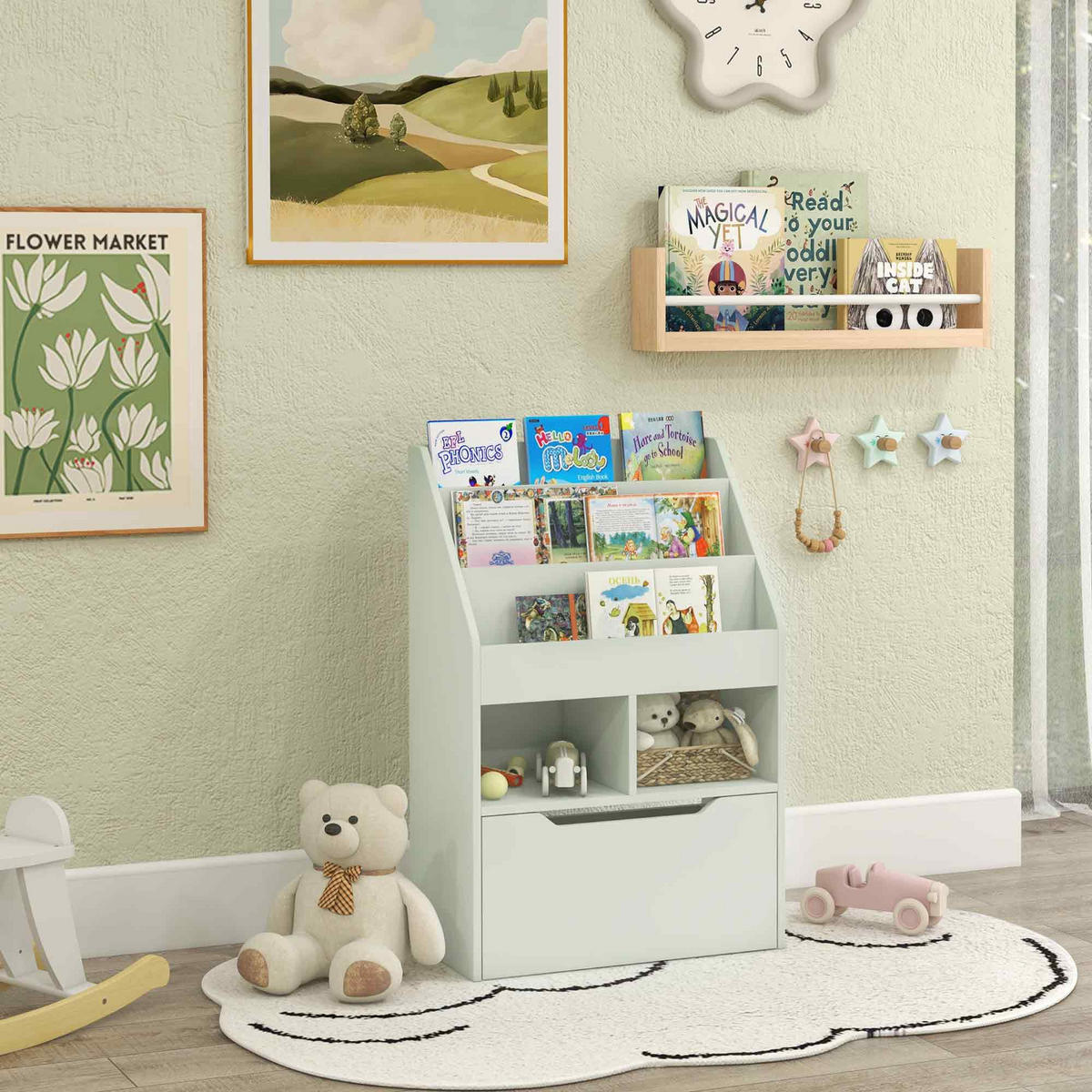 KINDER Bücherregal Kinderregal mit Schublade, 3 Ablagefächern, 2 offenen Fächern - Grün, Holzwerkstoff (29.9/90/60cm) - HOMCOM