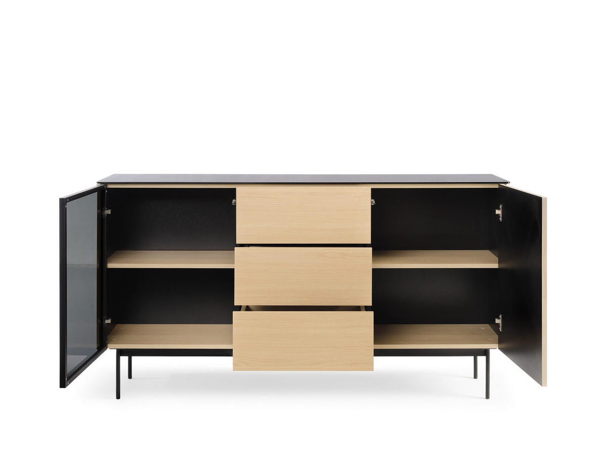 KOMMODE Rita Vincenza Eiche, zweitürige, verglaste Kombikommode mit LED beleuchtung - Eichefarben/Schwarz, Holzwerkstoff (157/84/39cm) - Bettso