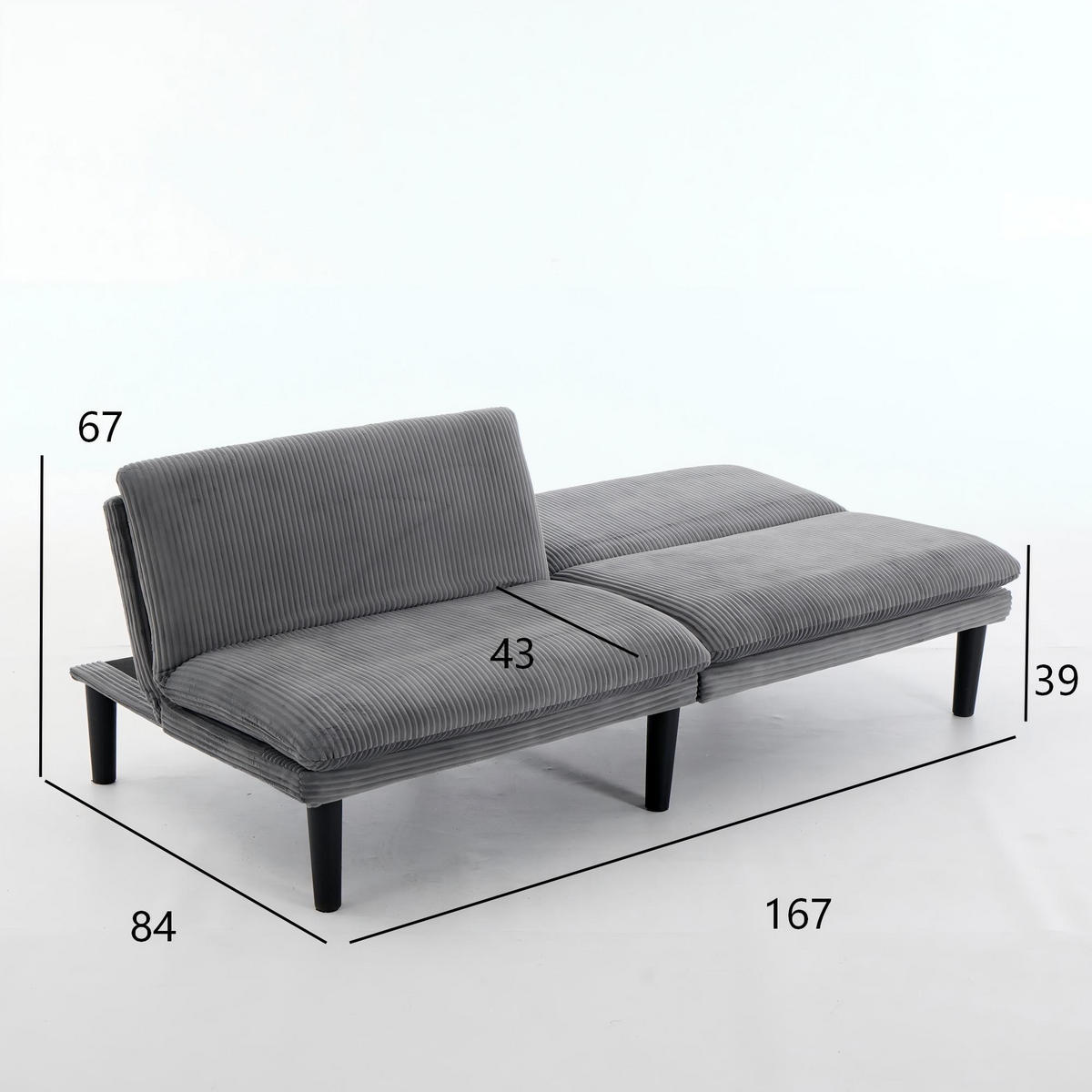 SCHLAFSOFA 167/43/67 cm in Grau Cord - Grau, Textil (86/67/168cm) - Oxeza