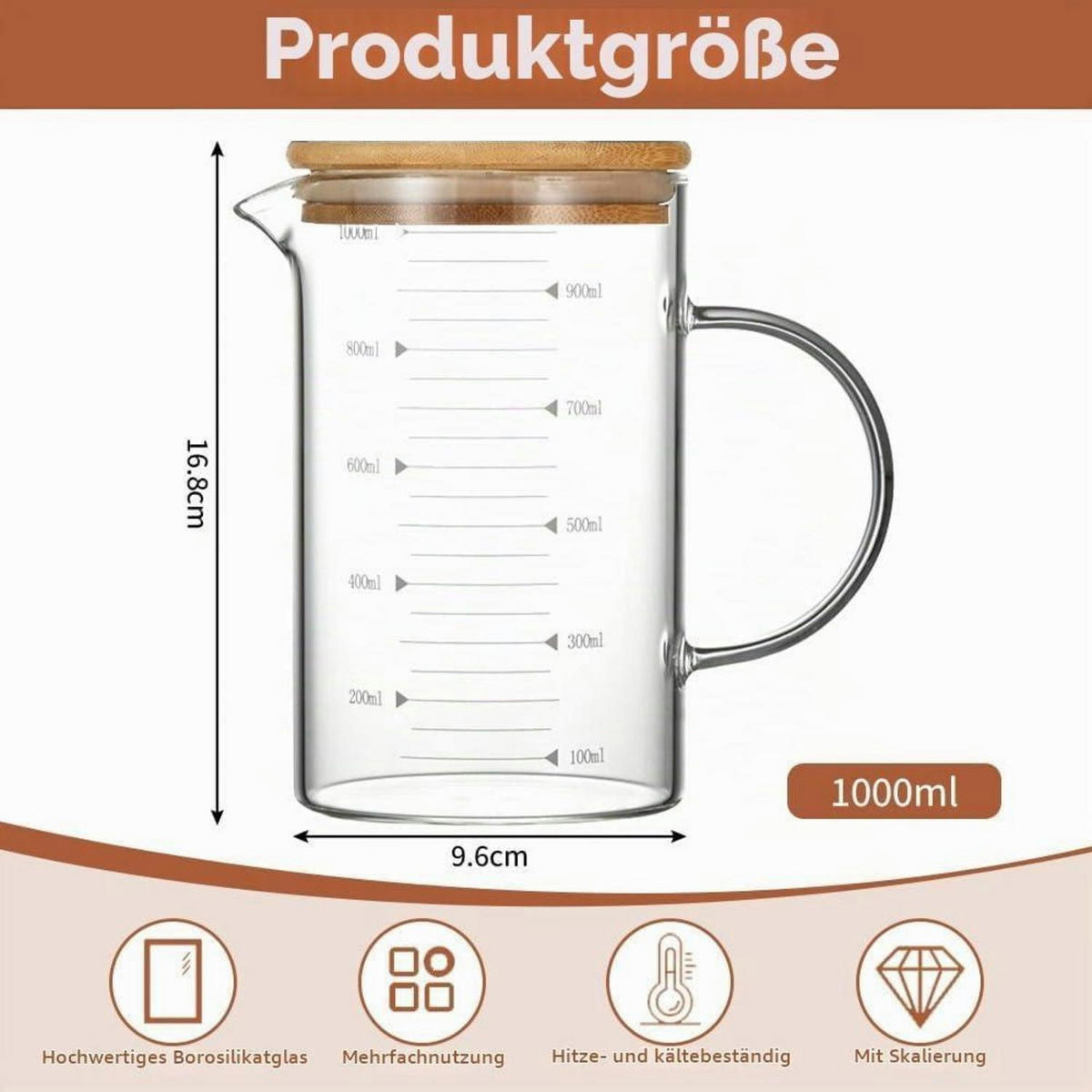 MESSBECHER Glas 1000 ml mit Bambusdeckel - Transparent, Glas (1L)