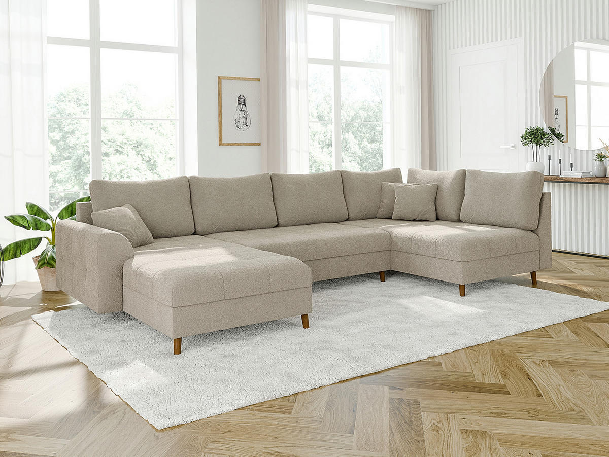 WOHNLANDSCHAFT inkl. Hocker Henrik Beige Boucle - Beige/Braun, Holz/Textil (310/81/161cm) - S-Style Möbel