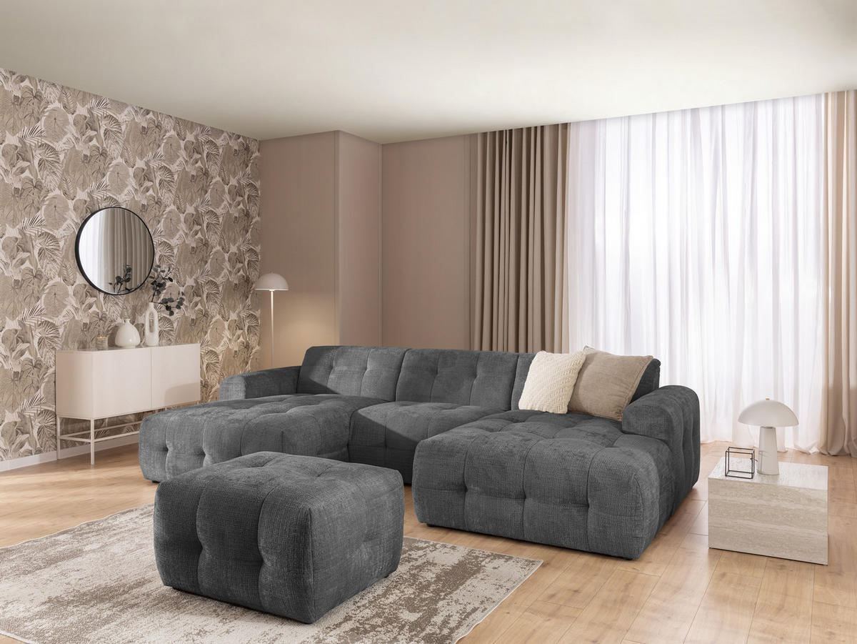 WOHNLANDSCHAFT inkl. Hocker Kozy im Bumpy-Design mit Schlaffunktion und fester Rückenlehne aus weichem Grau Chenille-Stoff - Schwarz/Grau, Holz/Kunststoff (323/79/161cm) - S-Style Möbel