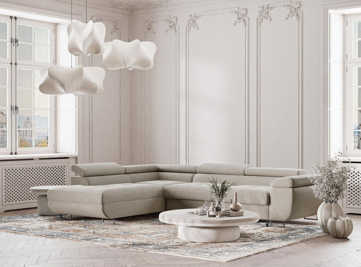 ECKSOFA Concord Beige Webstoff - Links Seite - Beige/Schwarz, Holz/Holzwerkstoff (203/277cm) - Maison de Reve