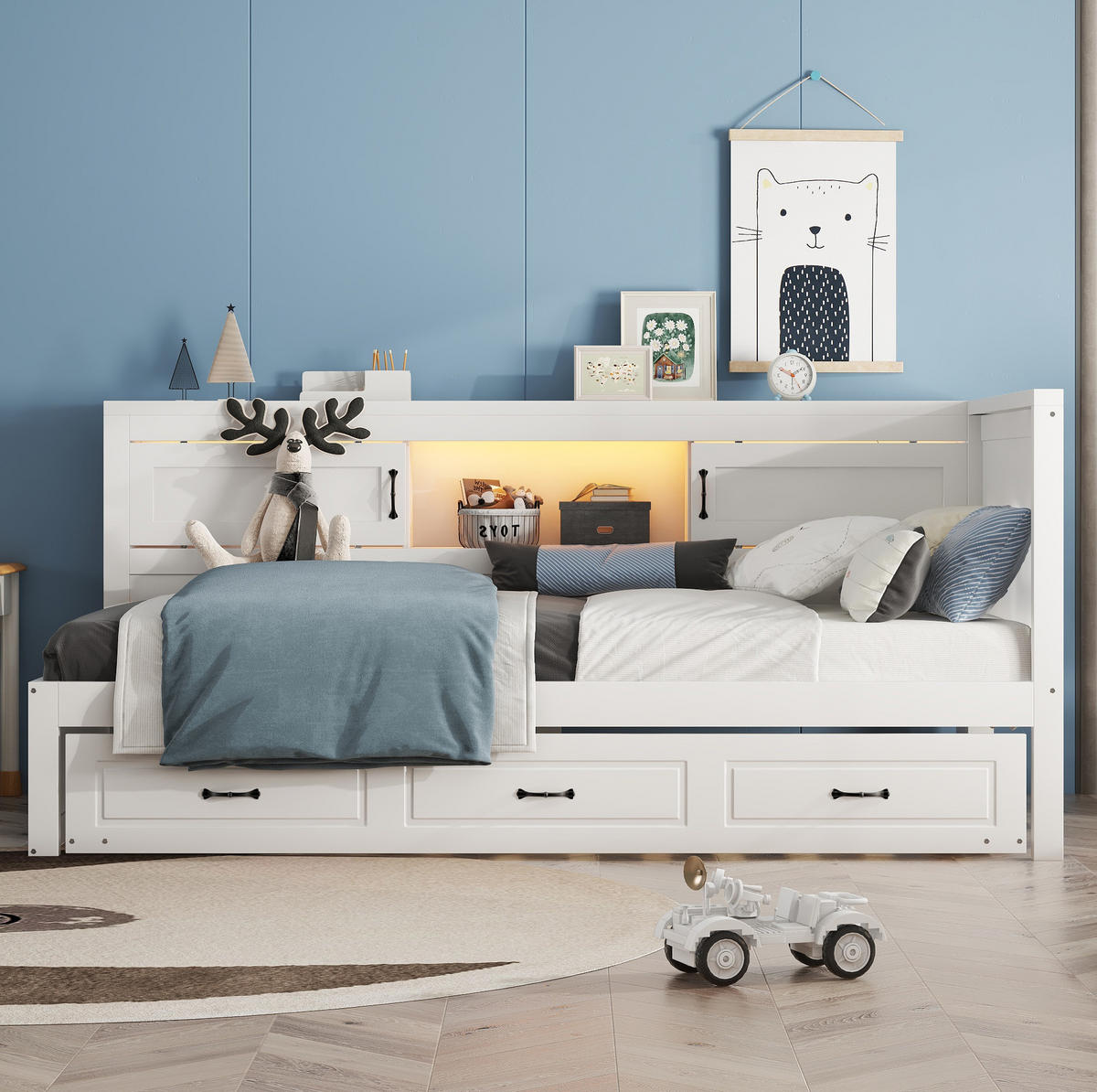 BETT 90/200 cm Weiß mit Ausziehbett, LED-Beleuchtung und USB - Weiß, Holzwerkstoff (90/200cm) - Flora Grace
