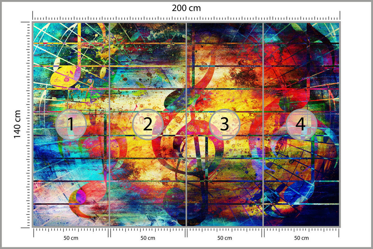FOTOTAPETE für Jugendzimmer Bunte Abstrakte MUSIC Graffiti NOTEN 200x140 - Türkis/Gelb, Papier (200/140cm) - Muralo