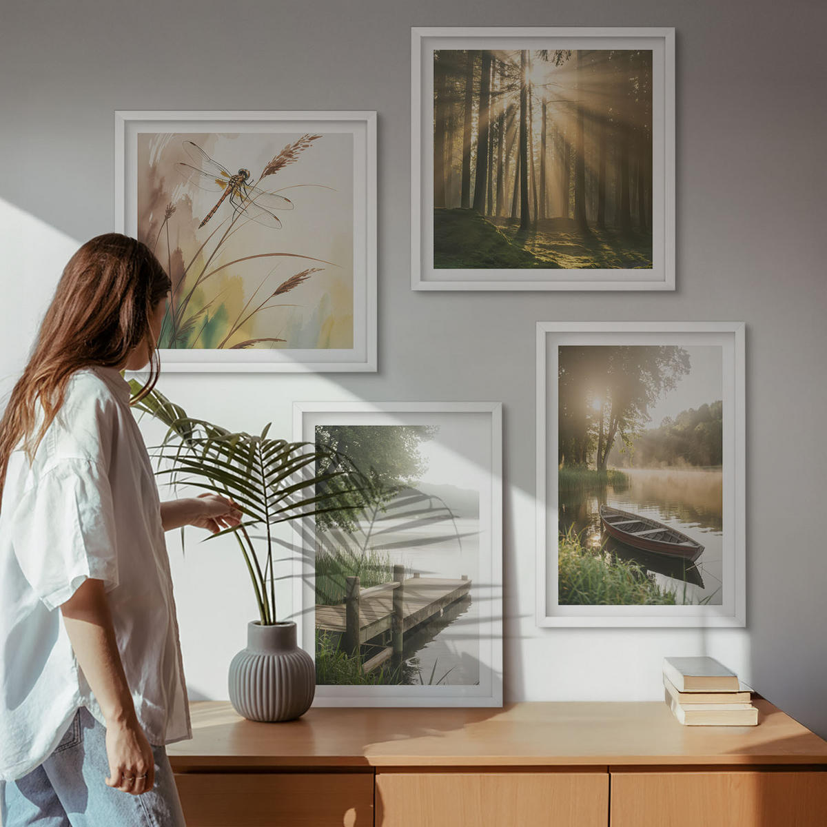 BILDER SET 4er Set - 50x50 cm & 40x60 cm Weißer Rahmen - See, Wald, Boot, Morgennebel - Weiß, Kunststoff (50/50cm) - TULUP