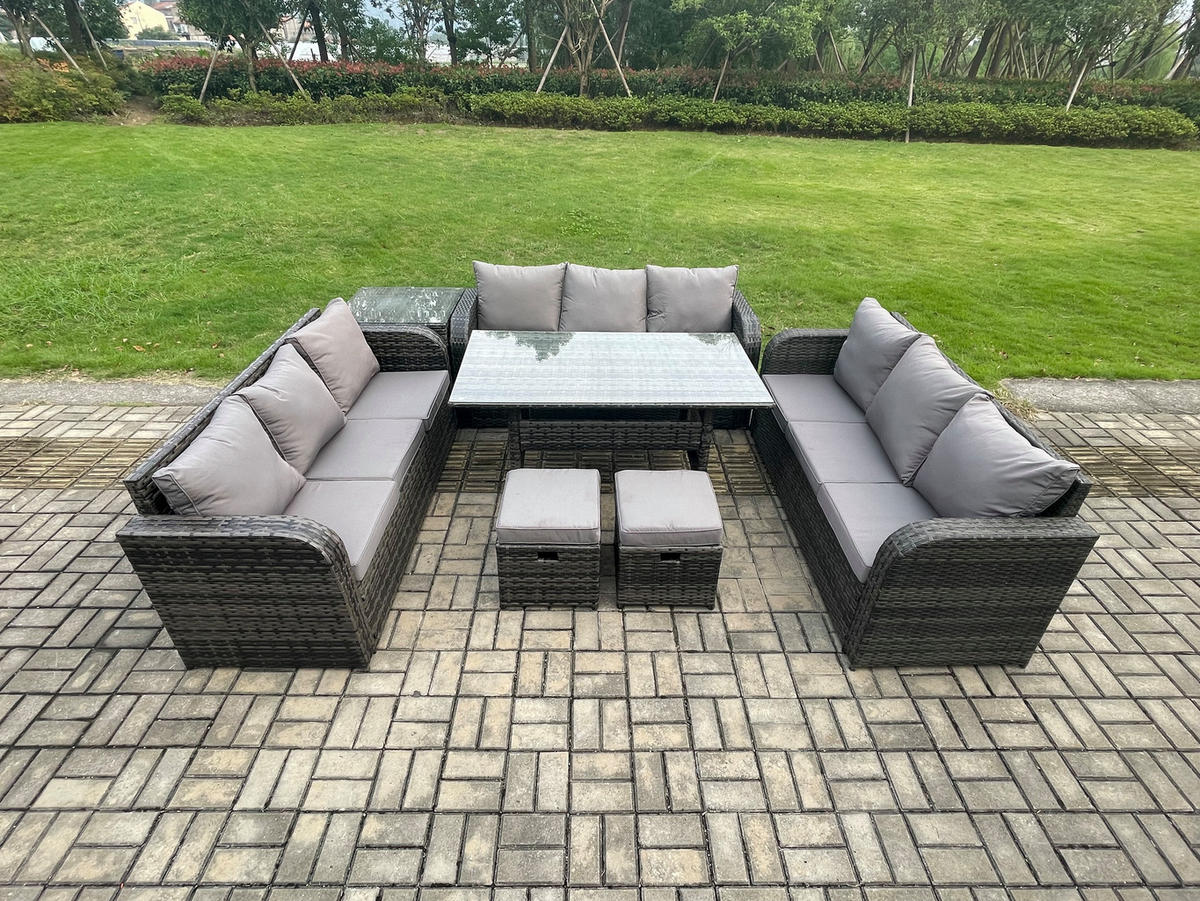 GARTENTISCHGRUPPE mit Beistelltisch 2 Hocker Polyrattan Dunkelgrau 11-Sitzer - Dunkelgrau/Grau, Glas/Kunststoff - Fimous