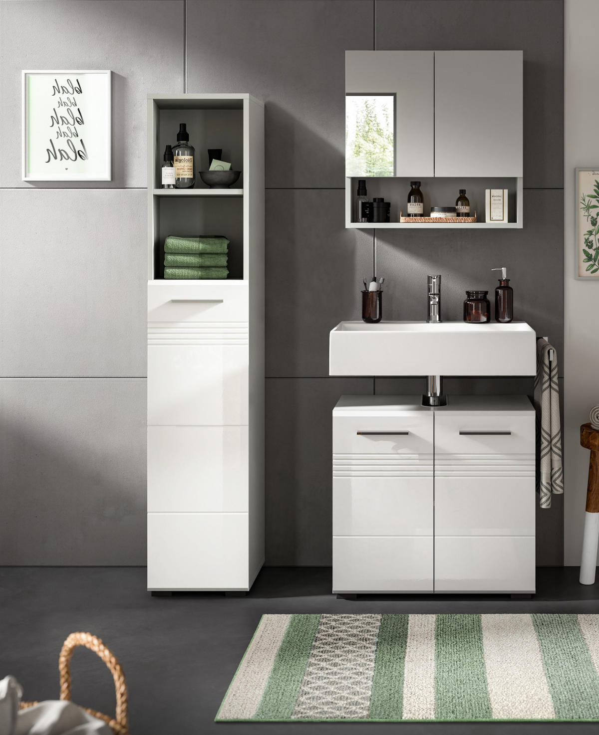 WASCHBECKENUNTERSCHRANK weiß Hochglanz, grau 60 cm - Weiß Hochglanz/Silberfarben, Holzwerkstoff/Kunststoff (60/56/32cm) - Inn.Furn