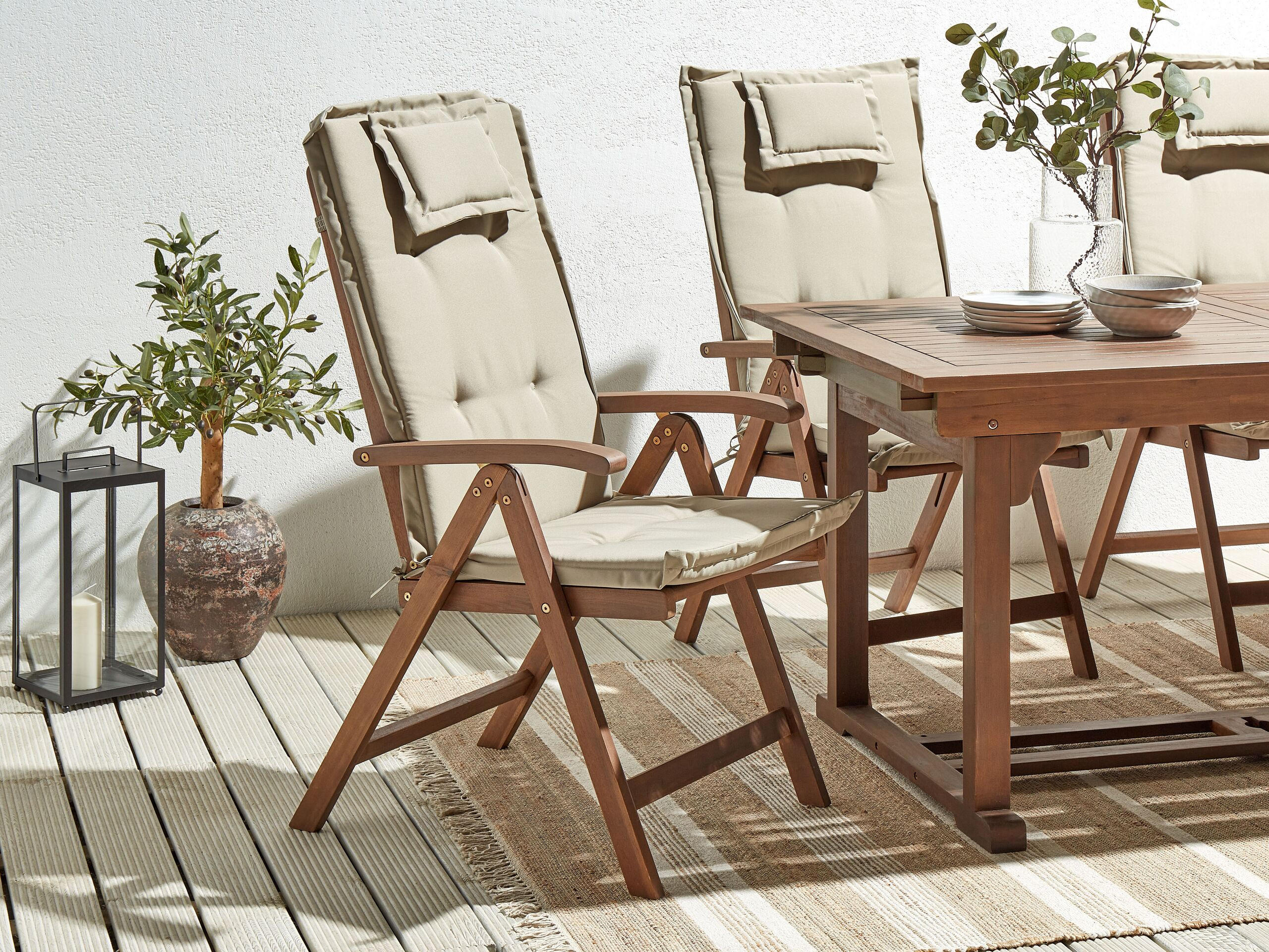 GARTENSTUHL 6er-Set Akazienholz dunkelbraun Auflagen taupe Amantea - Taupe/Dunkelbraun, Holz (54/105/69cm) - Beliani