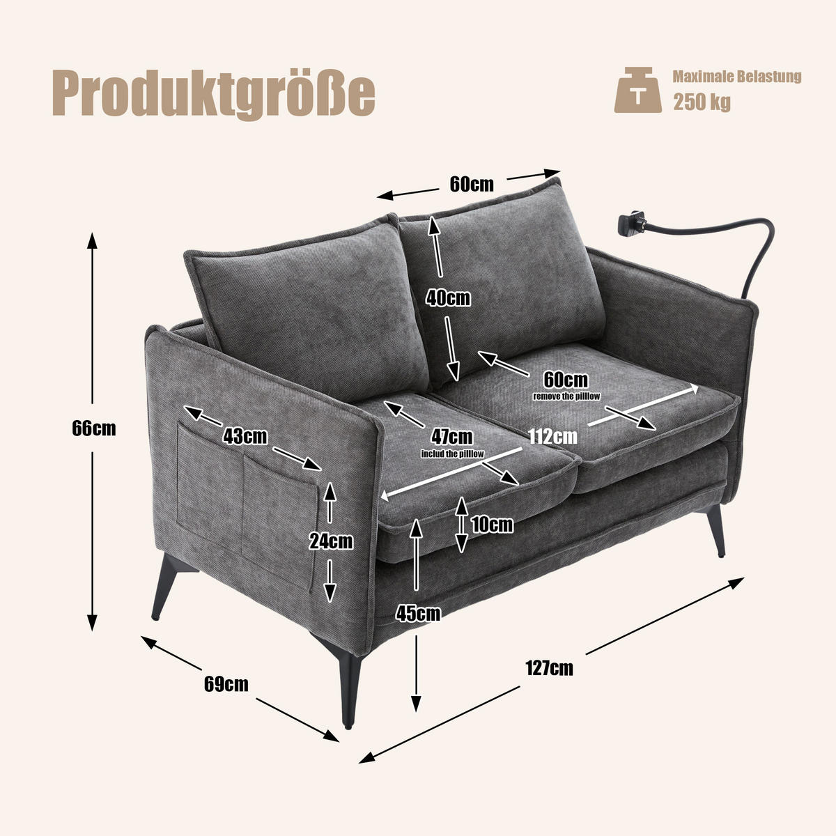SOFA 2-Sitzer Grau Stoff mit Handy-Halterung & doppelten Ablagefächern 127/69/66 cm - Grau, Textil (127/66/69cm) - OKWISH