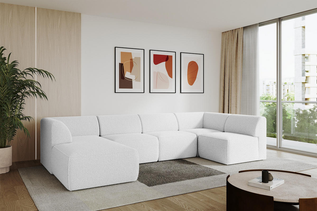 WOHNLANDSCHAFT Ottomane Links MOVA 345x180x78 Weiß Bouclé - Schwarz/Weiß, Holzwerkstoff/Kunststoff (180/78/345cm) - ALTDECOR