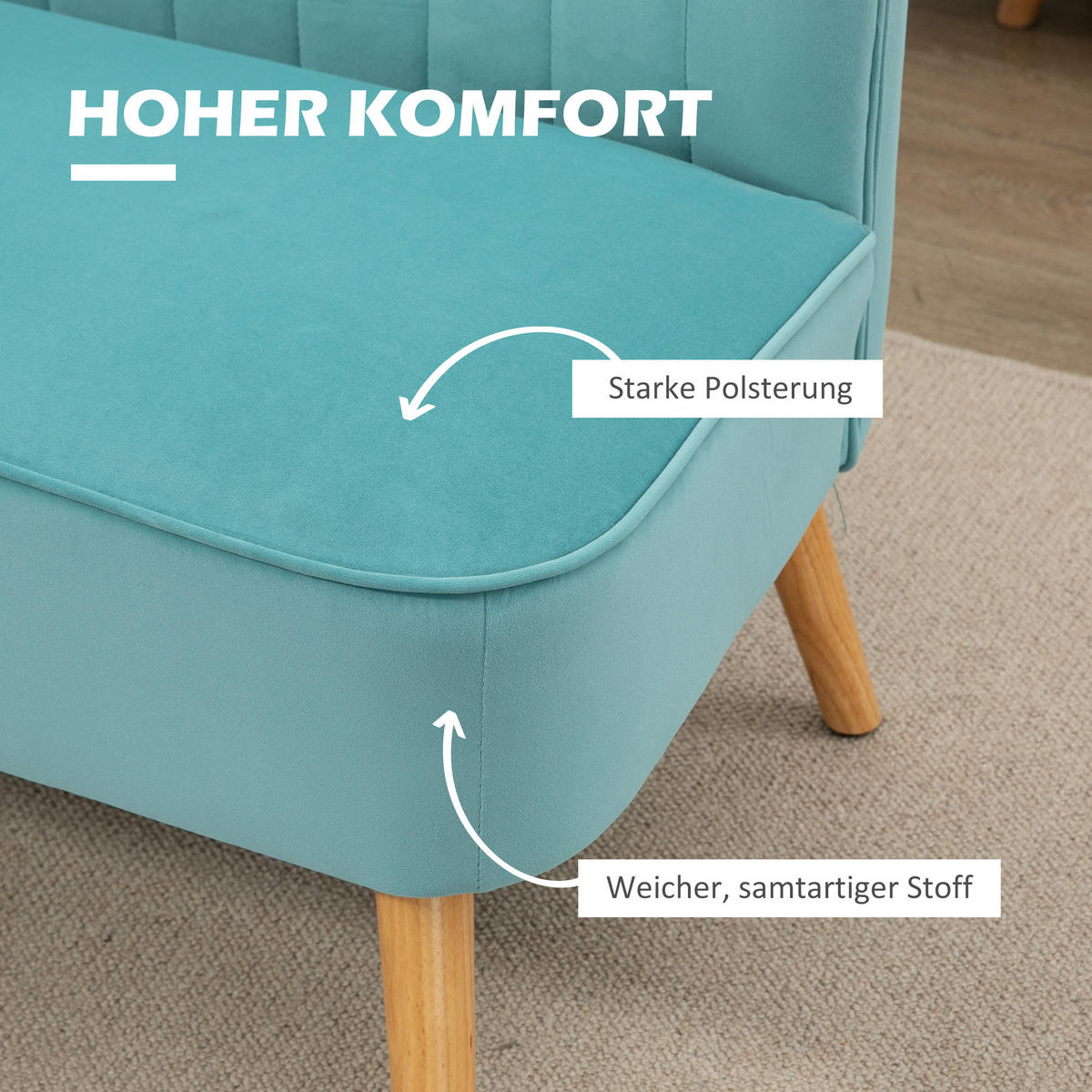 2-SITZER Sofa Zweisitzer, Loveseat mit Leinenoptik, Doppelsofa mit Holzbeine - Hellgrün/Naturfarben, Holz/Textil (56.5/77/117cm) - HOMCOM