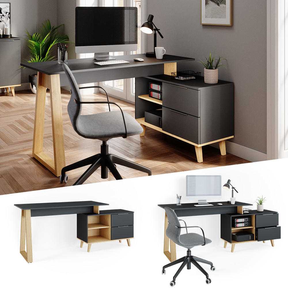SCHREIBTISCH Nautica Anthrazit 138 x 60 cm mit Schubladen, XL - Anthrazit/Buchefarben, Holzwerkstoff (60/138/77cm) - Vicco