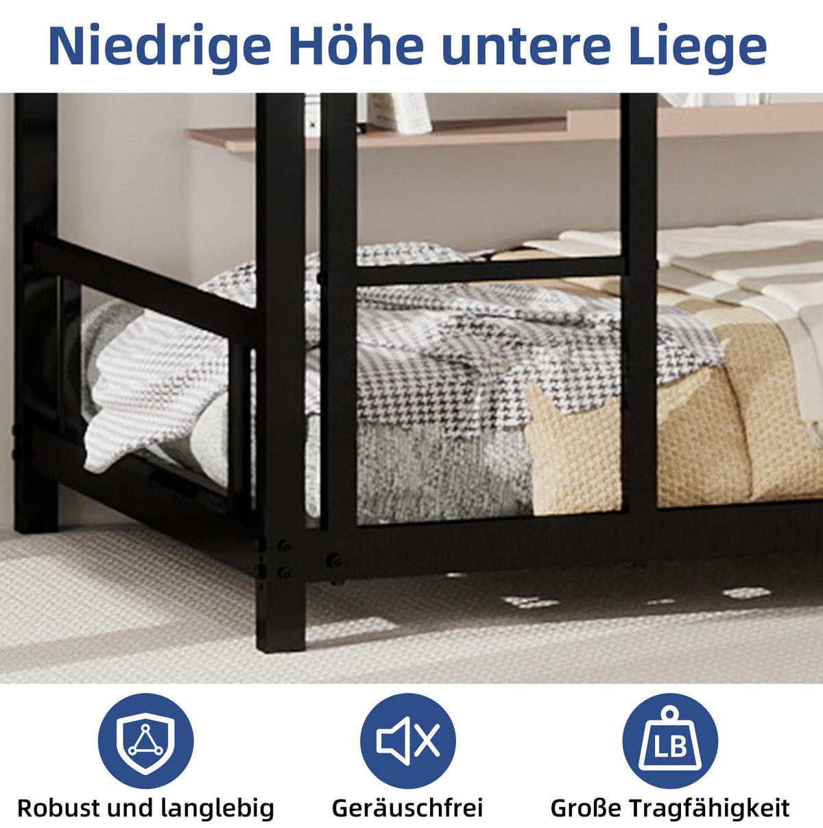 ETAGENBETT 90/180 cm schwarz aus Eisen mit Leiter und Sicherheitsgeländer - Schwarz, Metall (90/200cm) - OKWISH