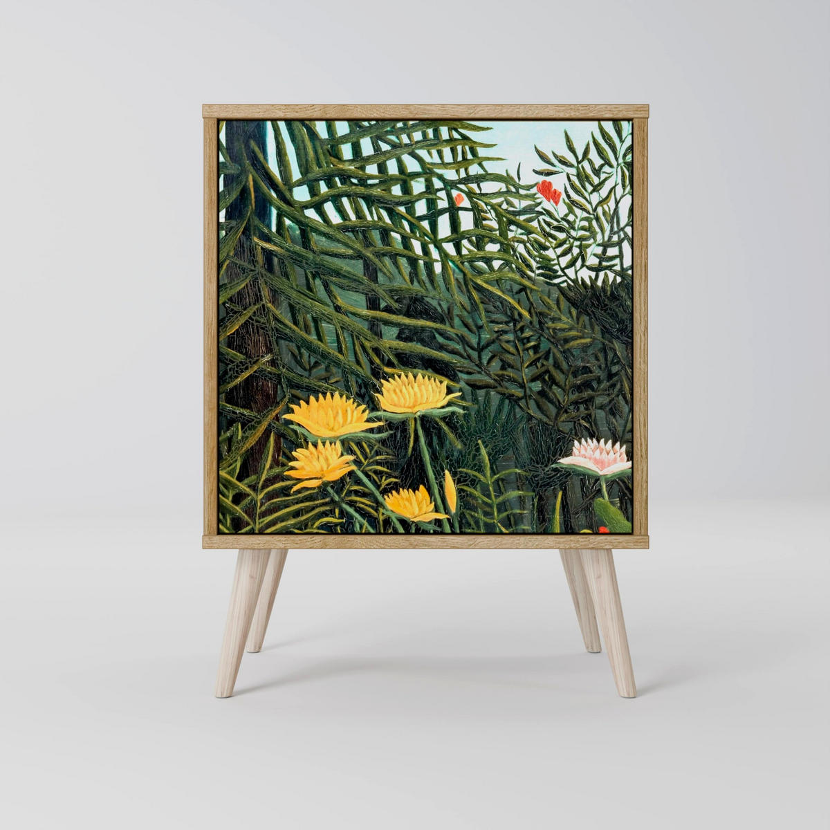 SIDEBOARD VIRGIN FOREST WITH SUNSET, Grau, 57,5x42x77,5 cm, Schräge Buchenholzfüße - Buchefarben/Multicolor, Holzwerkstoff/Buchenholz (57.5/77.5/42cm) - SpaceRebels