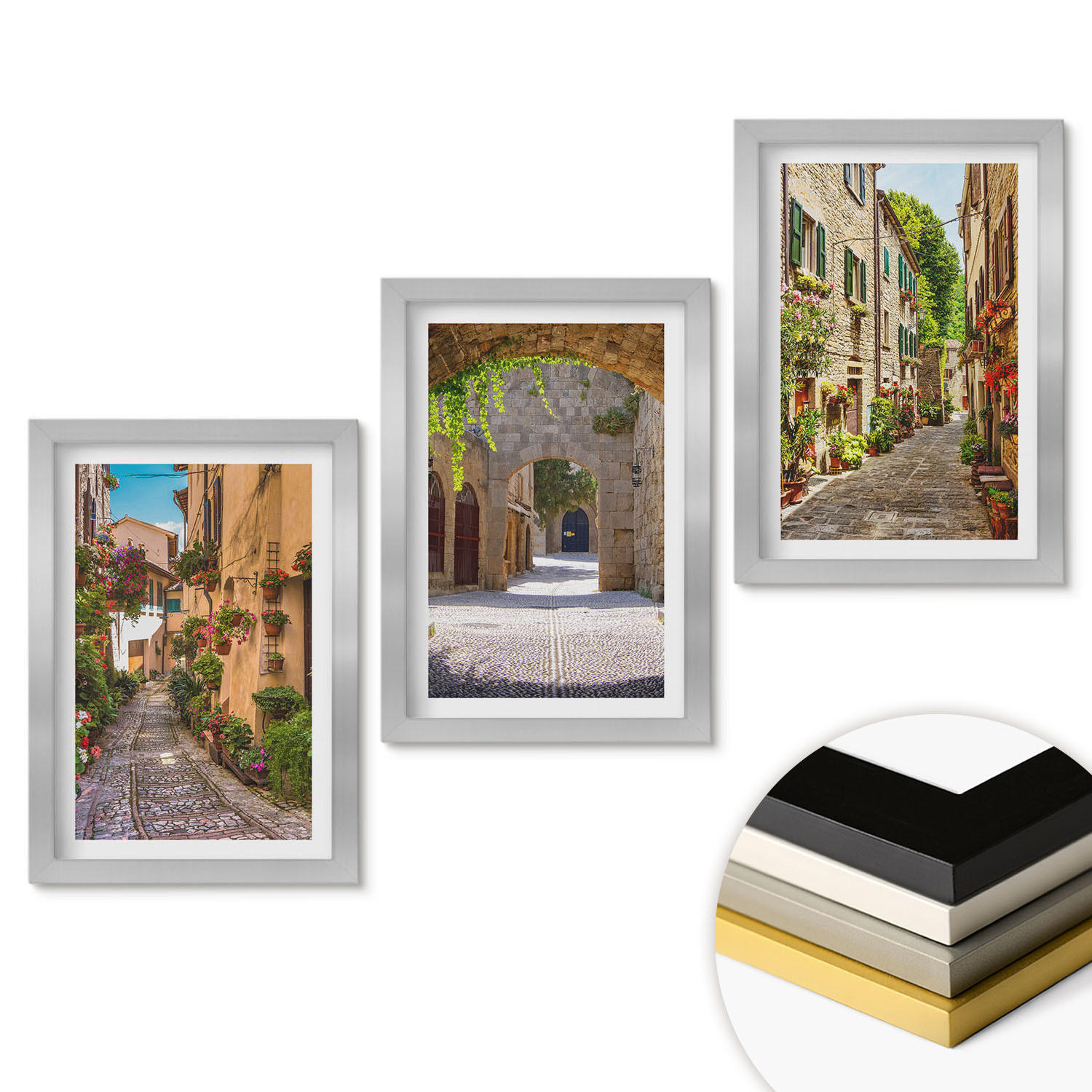 WANDBILDER 3er Set - 20x30 cm Silberner Rahmen - Italienische Straßen, Blumen, Architektur - Silberfarben, Kunststoff (20/30cm) - ArtPrintCave