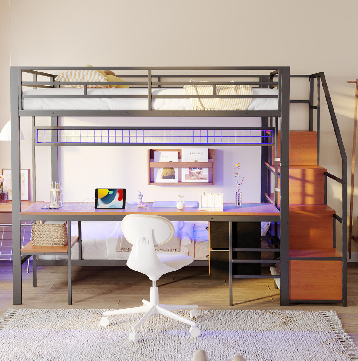 HOCHBETT mit Schreibtisch 140/200 cm in Schwarz – mit Unterbett 90/200 cm und Leiter - Schwarz, Metall (140/200cm) - BEAOK