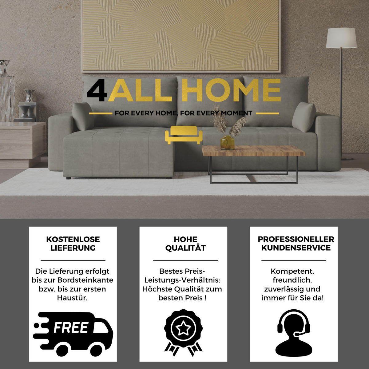 ECKSOFA Tico mit Bettkasten und Schlaffunktion, L-Form/XL-Form, Velourstoff, Universal - Hellgrau, Holzwerkstoff (276/145cm) - 4ALL HOME