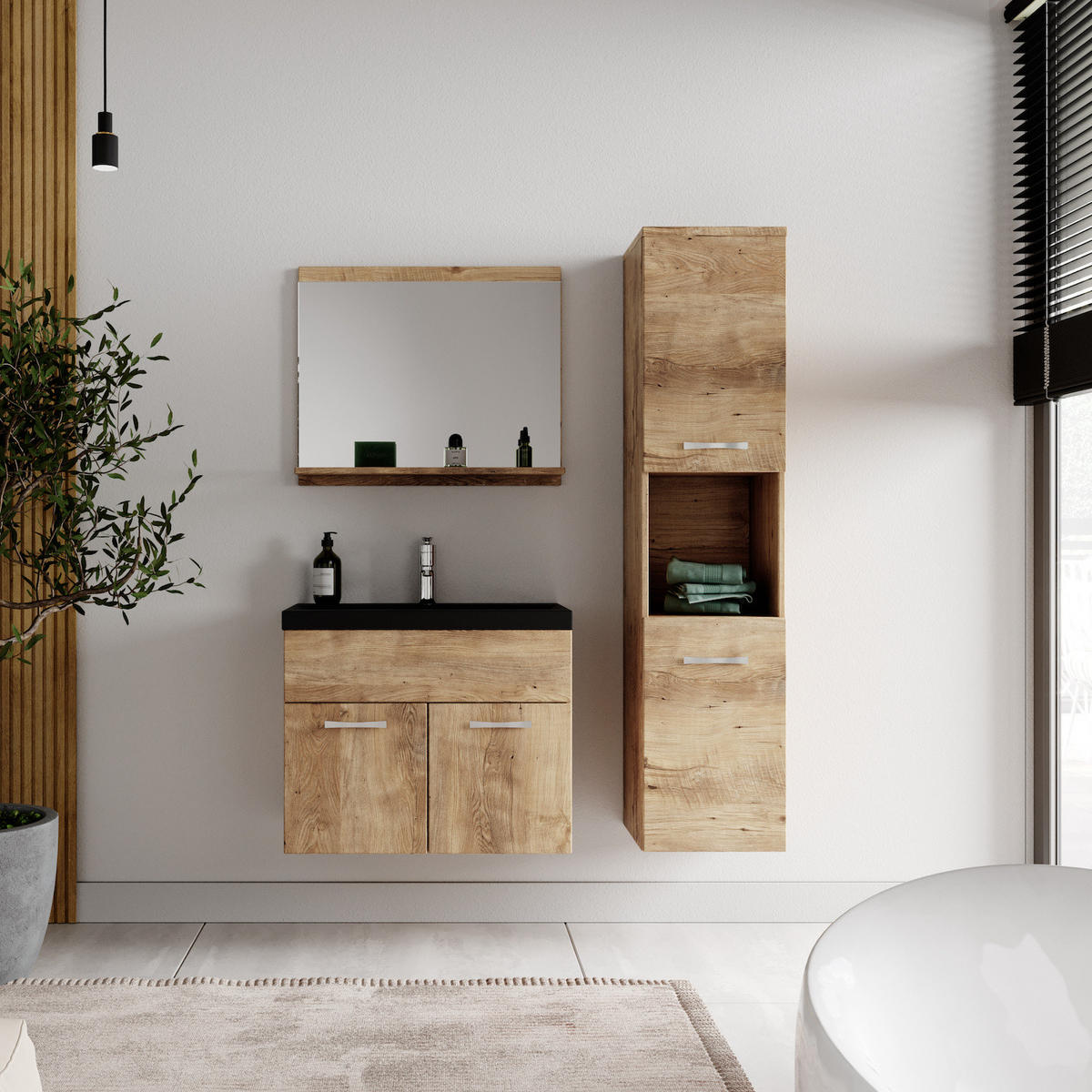 BADMÖBEL-SET Montreal 4 Teile Kastanien Eiche - Schwarze Waschbecken - 60 x 35 x 51 cm - Eichefarben/Schwarz, Holz (60/51/35cm) - Badplaats