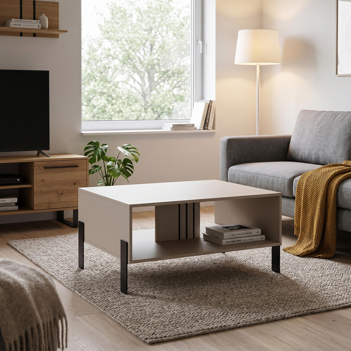 COUCHTISCH VALOZA 100 cm Kaschmir - Kaschmir/Schwarz, Holzwerkstoff (55/100/47cm) - MASSENO
