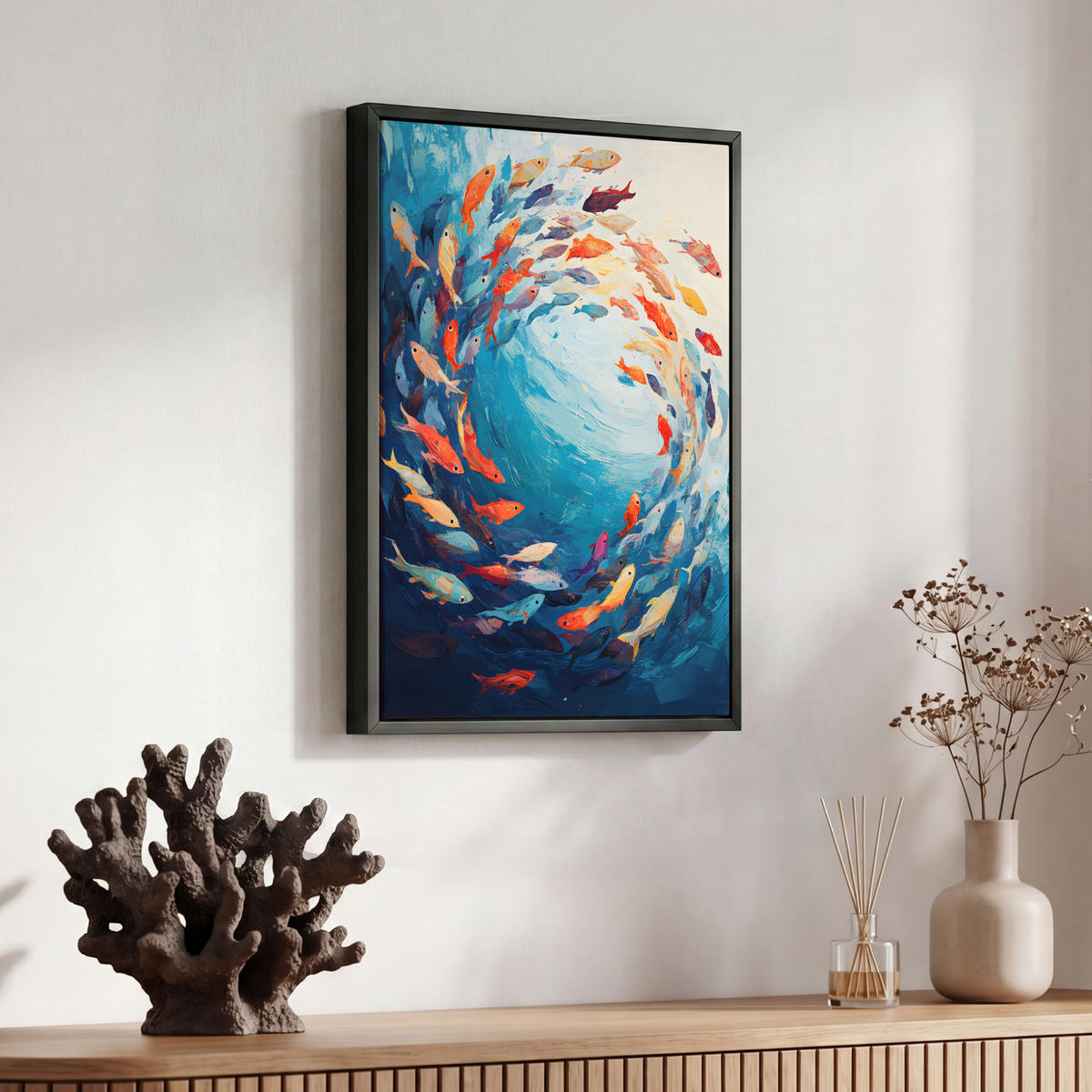 LEINWAND Bilder mit Rahmen - Meer - Fische - Bunt - Dynamisch - 30x40 - Hellblau, Textil (30/40cm) - MuchoWow
