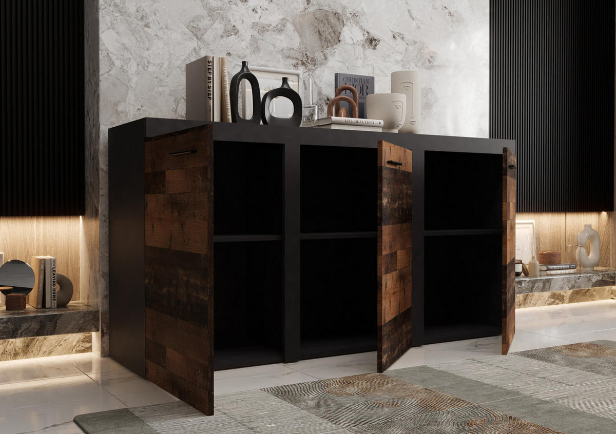 KOMMODE London LRXK mit 3 Türen, Sideboard in Farbe: Dunkelbraun|Schwarz, Größe: 149 x 82 x 40 cm - Dunkelbraun/Schwarz, Holzwerkstoff (149/82/40cm) - O-Sofa